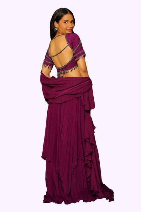 Buy_Pooja Kankariya_Purple Silk, Georgette Cut Work, Sequins, Beads, Layered Shackle Lehenga Set 