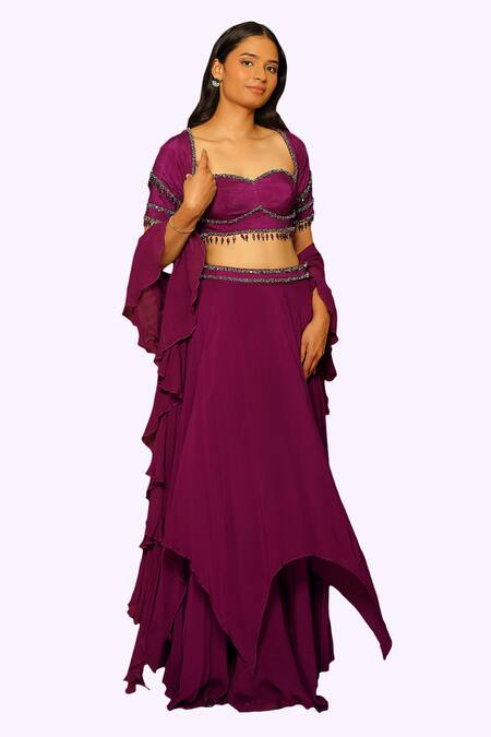 Shop_Pooja Kankariya_Purple Silk, Georgette Cut Work, Sequins, Beads, Layered Shackle Lehenga Set 