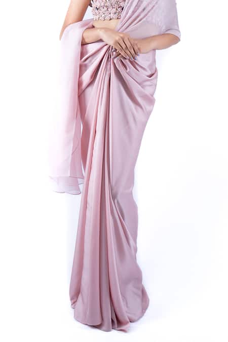 Shop_Pooja Kankariya_Pink Organza, Tulle, Crepe Solid Pre-draped Saree Embellished Bustier Set _Online_at_Aza_Fashions