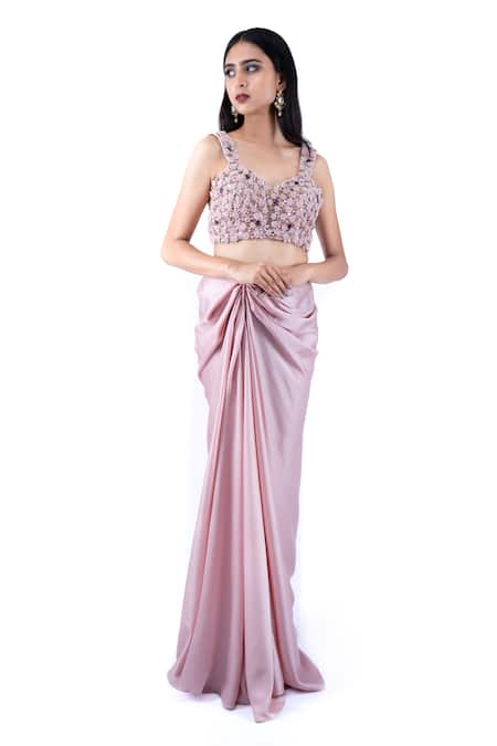 Pooja Kankariya_Pink Organza, Tulle, Crepe Solid Pre-draped Saree Embellished Bustier Set _at_Aza_Fashions