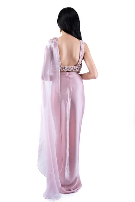 Shop_Pooja Kankariya_Pink Organza, Tulle, Crepe Solid Pre-draped Saree Embellished Bustier Set 