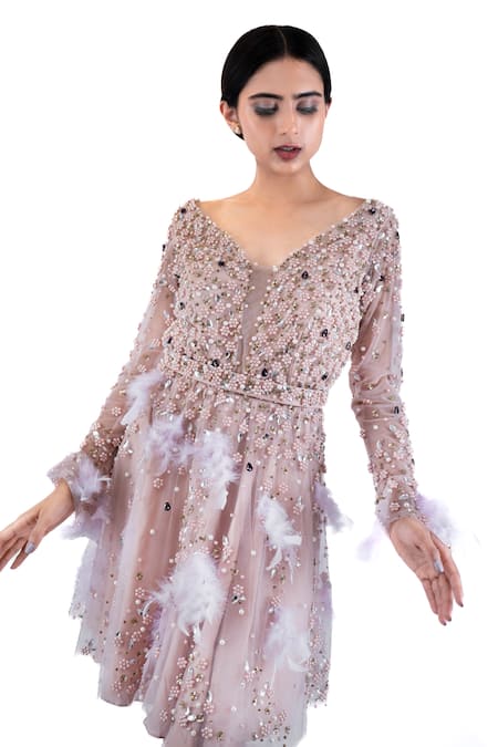 Pooja Kankariya_Pink Tulle Embellished Pearl V-neck Dress _at_Aza_Fashions