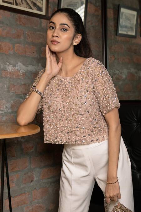 Shop_Pooja Kankariya_Pink Tulle Embellished Pearl Round Top _Online_at_Aza_Fashions