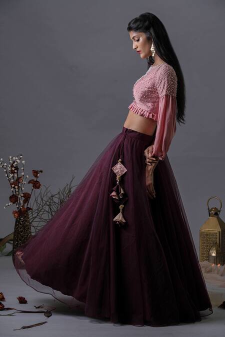 Pooja Kankariya Purple Tulle, Crepe, Silk Pearls Round Solid Lehenga With Embellished Blouse Online at Aza Fashions Pooja Kankariya_Purple Tulle, Crepe, Silk Pearls Round Solid Lehenga With Embellished Blouse _Online_at_Aza_Fashions