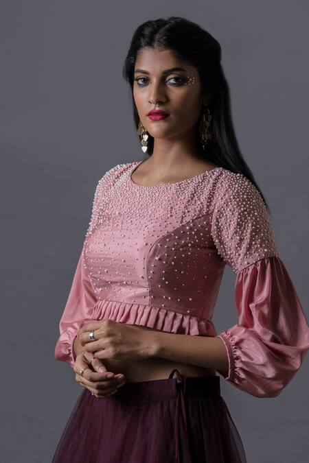 Buy Pooja Kankariya Purple Tulle, Crepe, Silk Pearls Round Solid Lehenga With Embellished Blouse Online at Aza Fashions Buy_Pooja Kankariya_Purple Tulle, Crepe, Silk Pearls Round Solid Lehenga With Embellished Blouse _Online_at_Aza_Fashions