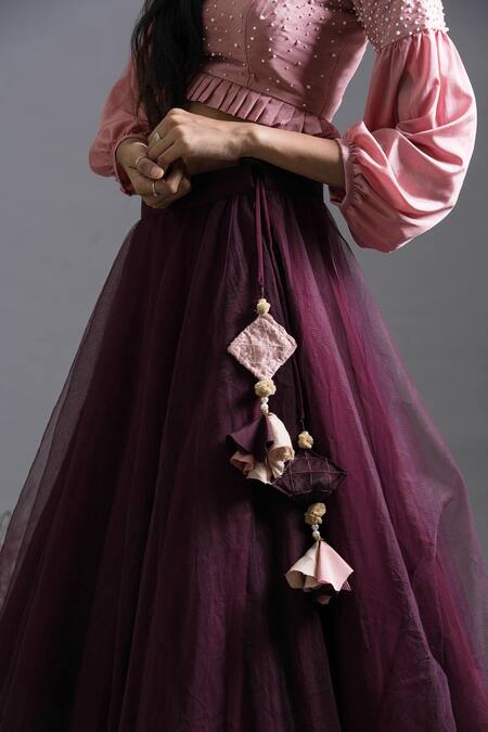 Shop Pooja Kankariya Purple Tulle, Crepe, Silk Pearls Round Solid Lehenga With Embellished Blouse Online at Aza Fashions Shop_Pooja Kankariya_Purple Tulle, Crepe, Silk Pearls Round Solid Lehenga With Embellished Blouse _Online_at_Aza_Fashions