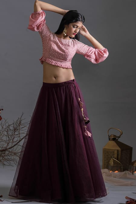 Pooja Kankariya Solid Lehenga With Pearl Embellished Blouse 