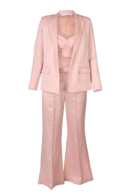 Pooja Kankariya Pink Crepe, Satin Pearls Sweetheart Neck Solid Blazer Trouser Set Online at Aza Fashions Pooja Kankariya_Pink Crepe, Satin Pearls Sweetheart Neck Solid Blazer Trouser Set _Online_at_Aza_Fashions