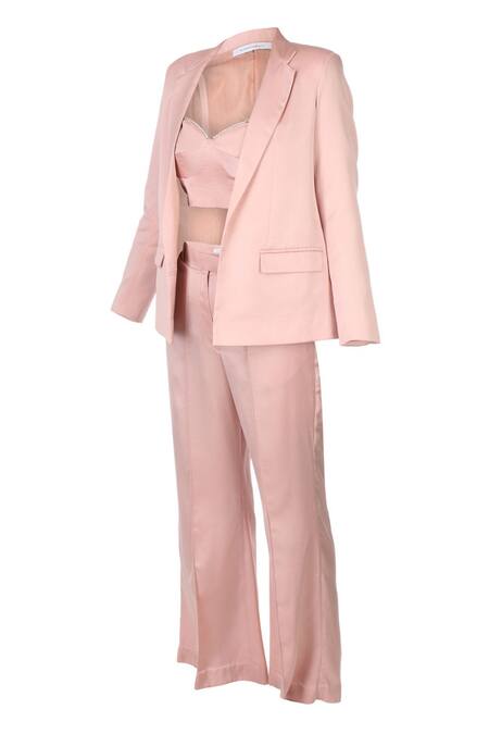 Buy Pooja Kankariya Pink Crepe, Satin Pearls Sweetheart Neck Solid Blazer Trouser Set Online at Aza Fashions Buy_Pooja Kankariya_Pink Crepe, Satin Pearls Sweetheart Neck Solid Blazer Trouser Set _Online_at_Aza_Fashions