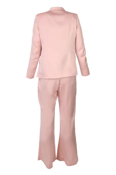 Shop Pooja Kankariya Pink Crepe, Satin Pearls Sweetheart Neck Solid Blazer Trouser Set Online at Aza Fashions Shop_Pooja Kankariya_Pink Crepe, Satin Pearls Sweetheart Neck Solid Blazer Trouser Set _Online_at_Aza_Fashions