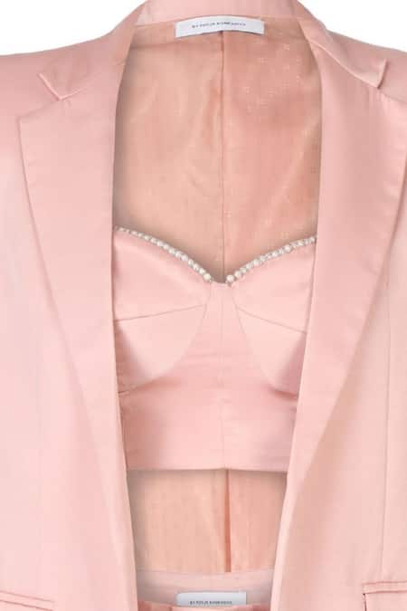Pooja Kankariya Pink Crepe, Satin Pearls Sweetheart Neck Solid Blazer Trouser Set at Aza Fashions Pooja Kankariya_Pink Crepe, Satin Pearls Sweetheart Neck Solid Blazer Trouser Set _at_Aza_Fashions