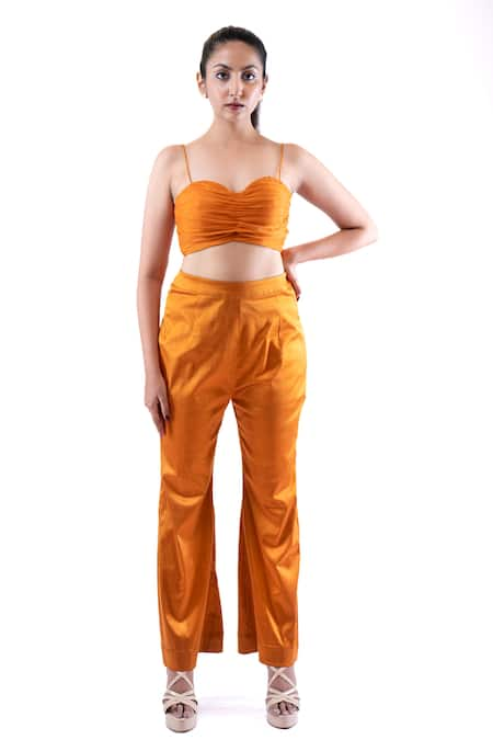 Pooja Kankariya Orange Organza Solid Sweetheart Pleated Bustier With Pant 