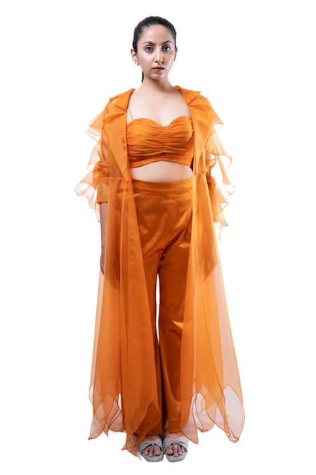 Buy Pooja Kankariya Orange Organza, Lycra Sweetheart Neck Solid Pleated Bustier With Pant Online at Aza Fashions Buy_Pooja Kankariya_Orange Organza, Lycra Sweetheart Neck Solid Pleated Bustier With Pant _Online_at_Aza_Fashions