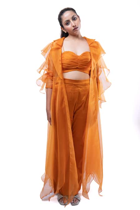 Shop Pooja Kankariya Orange Organza, Lycra Sweetheart Neck Solid Pleated Bustier With Pant Online at Aza Fashions Shop_Pooja Kankariya_Orange Organza, Lycra Sweetheart Neck Solid Pleated Bustier With Pant _Online_at_Aza_Fashions