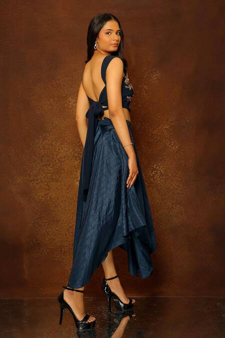 Pooja Kankariya Blue Silk, Georgette Sequins, Zardozi Embroidered Top With Asymmetric Skirt at Aza Fashions Pooja Kankariya_Blue Silk, Georgette Sequins, Zardozi Embroidered Top With Asymmetric Skirt _at_Aza_Fashions