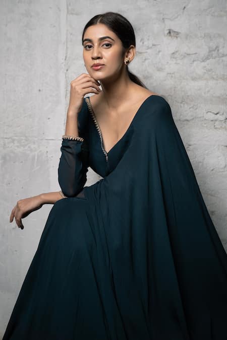 Pooja Kankariya_Green Georgette Sequins V-neck Embellished Draped Gown _Online_at_Aza_Fashions