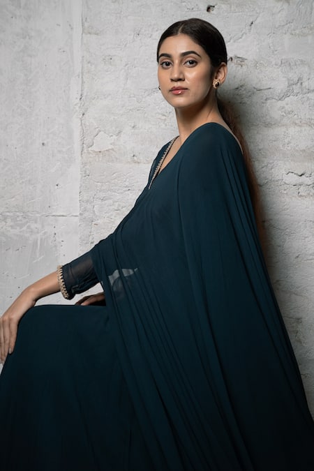 Buy_Pooja Kankariya_Green Georgette Sequins V-neck Embellished Draped Gown _Online_at_Aza_Fashions