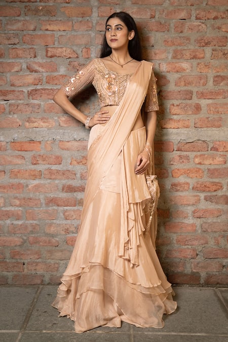 Pooja Kankariya Solid Layered Pre-Draped Saree With Embellished Blouse 