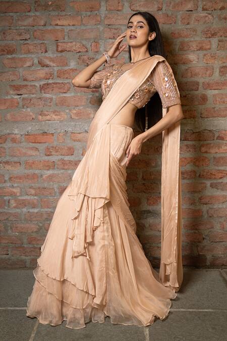 Shop_Pooja Kankariya_Beige Organza, Tulle, Solid Layered Pre-draped Saree With Embellished Blouse _Online_at_Aza_Fashions