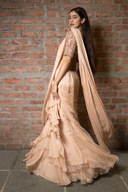 Pooja Kankariya Solid Layered Pre-Draped Saree With Embellished Blouse 