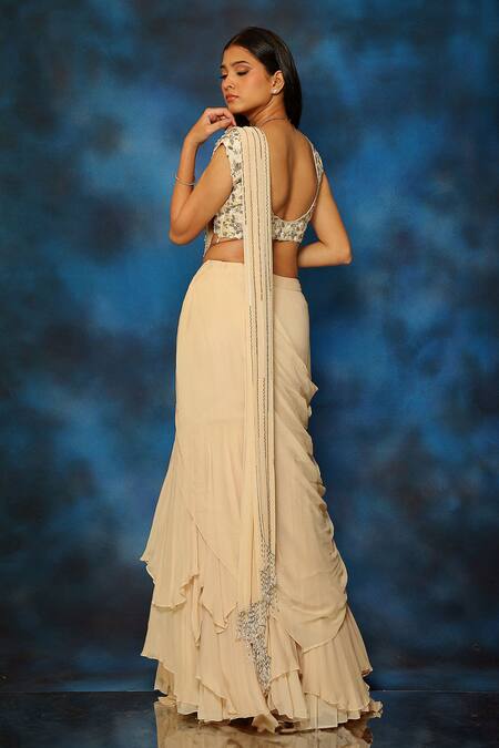 Pooja Kankariya Solid Ruffled Pre-Draped Saree With Embellished Blouse 