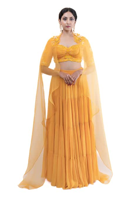 Pooja Kankariya Yellow Silk Embroidered Sequin Sweetheart Tiered Solid Lehenga Set With Blouse 