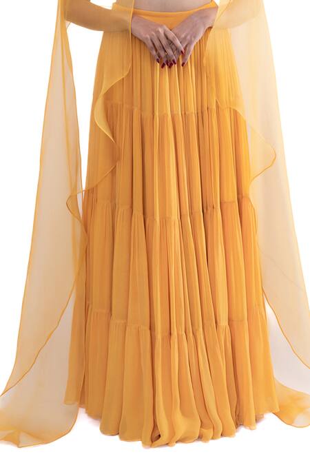 Pooja Kankariya_Yellow Silk, Organza, Georgette Tiered Solid Lehenga Set With Embroidered Blouse _Online_at_Aza_Fashions