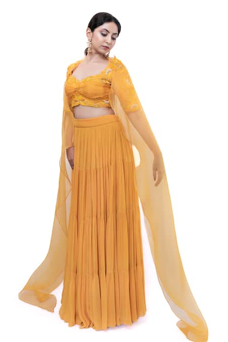 Buy_Pooja Kankariya_Yellow Silk, Organza, Georgette Tiered Solid Lehenga Set With Embroidered Blouse _Online_at_Aza_Fashions