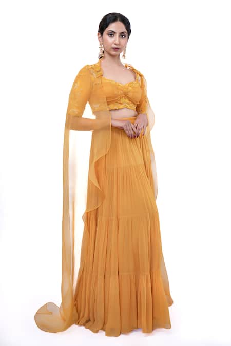 Shop_Pooja Kankariya_Yellow Silk, Organza, Georgette Tiered Solid Lehenga Set With Embroidered Blouse _Online_at_Aza_Fashions