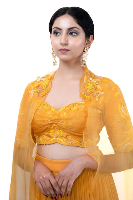 Pooja Kankariya_Yellow Silk, Organza, Georgette Tiered Solid Lehenga Set With Embroidered Blouse _at_Aza_Fashions