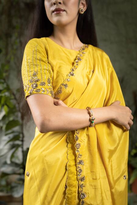 Shop_Pooja Kankariya_Yellow Silk, Crepe Sequins, Zari Round Neck Zardozi Embroidered Saree Set _Online_at_Aza_Fashions
