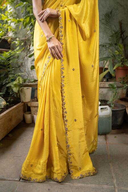 Pooja Kankariya_Yellow Silk, Crepe Sequins, Zari Round Neck Zardozi Embroidered Saree Set _at_Aza_Fashions