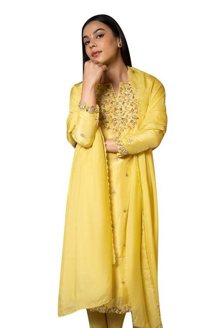 Shop_Pooja Kankariya_Yellow Organza, Georgette, Lycra, Cotton Floral Zardozi Kurta Pant Set _Online_at_Aza_Fashions