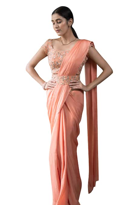 Shop_Pooja Kankariya_Peach Silk, Chiffon Zari, Crystals, Pearls, Border Embellished Saree With Blouse _Online_at_Aza_Fashions