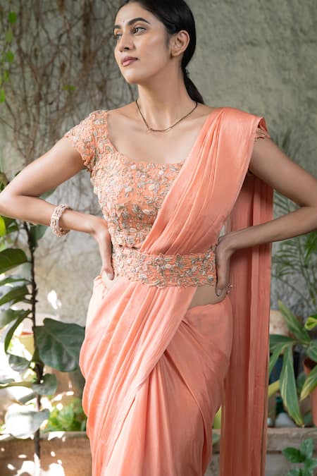 Pooja Kankariya_Peach Silk, Chiffon Zari, Crystals, Pearls, Border Embellished Saree With Blouse _at_Aza_Fashions