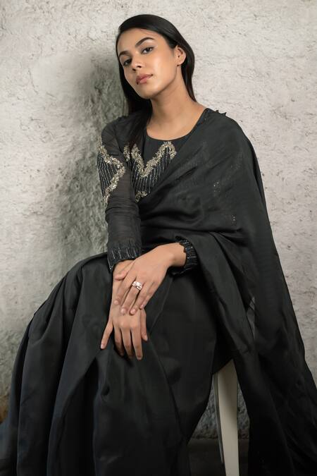 Shop_Pooja Kankariya_Grey Silk Pearls, Sequins, Zari, Crystal Hanging Embellished Saree With Blouse _Online_at_Aza_Fashions