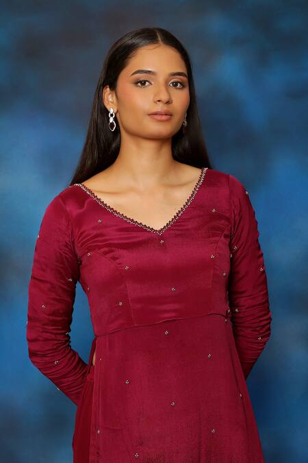 Pooja Kankariya_Wine Chiffon, Georgette Crystals, Pearls, Beads Embellished Kurta Gharara Set _Online_at_Aza_Fashions