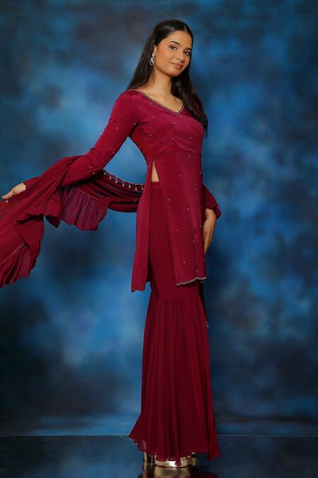 Buy_Pooja Kankariya_Wine Chiffon, Georgette Crystals, Pearls, Beads Embellished Kurta Gharara Set _Online_at_Aza_Fashions