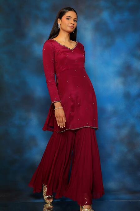 Shop_Pooja Kankariya_Wine Chiffon, Georgette Crystals, Pearls, Beads Embellished Kurta Gharara Set _Online_at_Aza_Fashions