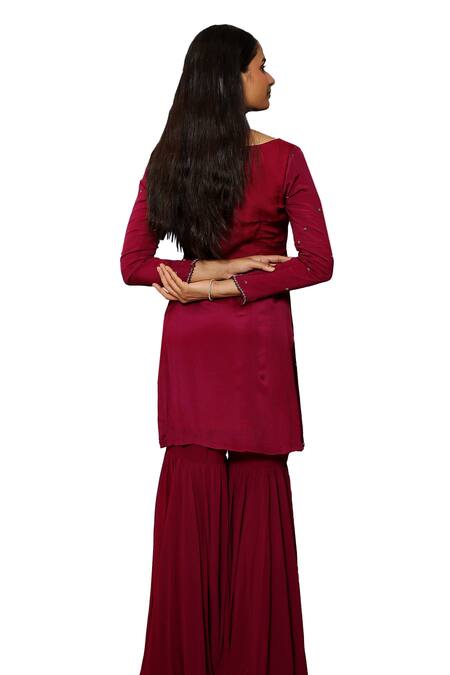 Shop_Pooja Kankariya_Wine Chiffon, Georgette Crystals, Pearls, Beads Embellished Kurta Gharara Set 