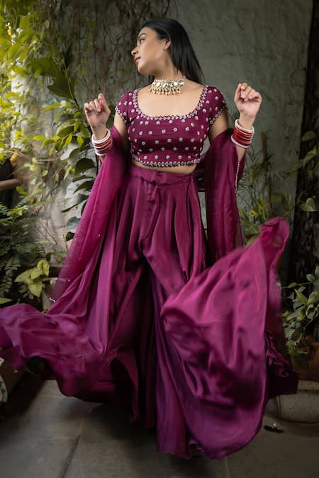 Buy_Pooja Kankariya_Purple , Chiffon, Silk Beads, Embellished Blouse Sharara Set _Online_at_Aza_Fashions