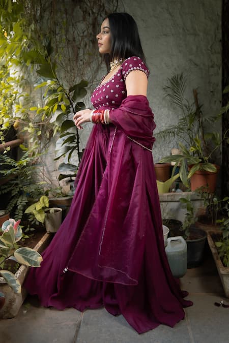 Shop_Pooja Kankariya_Purple , Chiffon, Silk Beads, Embellished Blouse Sharara Set _Online_at_Aza_Fashions
