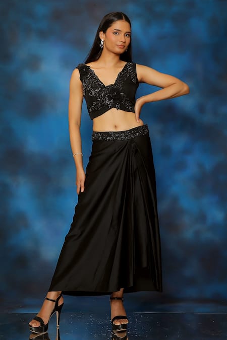 Pooja Kankariya Black Silk Embellished Wire Blunt V Neck 3d Floral Blouse And Draped Skirt Set 