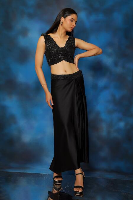 Pooja Kankariya_Black Silk, Satin, Organza 3d Floral Embellished Blouse And Draped Skirt Set _Online_at_Aza_Fashions