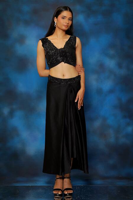Buy_Pooja Kankariya_Black Silk, Satin, Organza 3d Floral Embellished Blouse And Draped Skirt Set _Online_at_Aza_Fashions