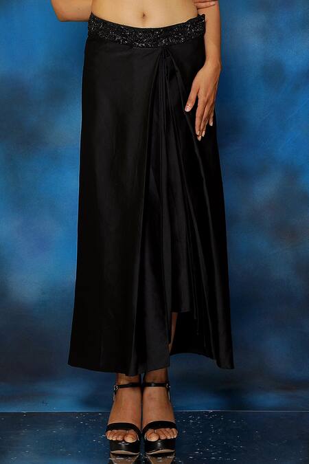 Shop_Pooja Kankariya_Black Silk, Satin, Organza 3d Floral Embellished Blouse And Draped Skirt Set _Online_at_Aza_Fashions