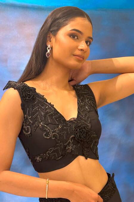 Buy_Pooja Kankariya_Black Silk, Satin, Organza 3d Floral Embellished Blouse And Draped Skirt Set 