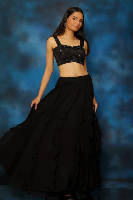 Pooja Kankariya Black Silk Embellished Thread Sweetheart Neck Bustier Lehenga Set  2