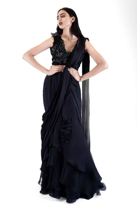 Pooja Kankariya Black Chiffon Embellished Bead Blunt Pre-draped Layered Skirt Saree With Blouse 