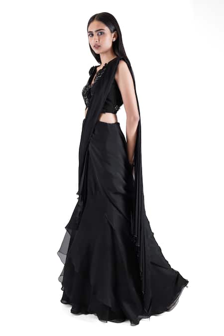 Pooja Kankariya_Black Silk Organza, Organza, Chiffon Pre-draped Layered Skirt Saree With Blouse _Online_at_Aza_Fashions